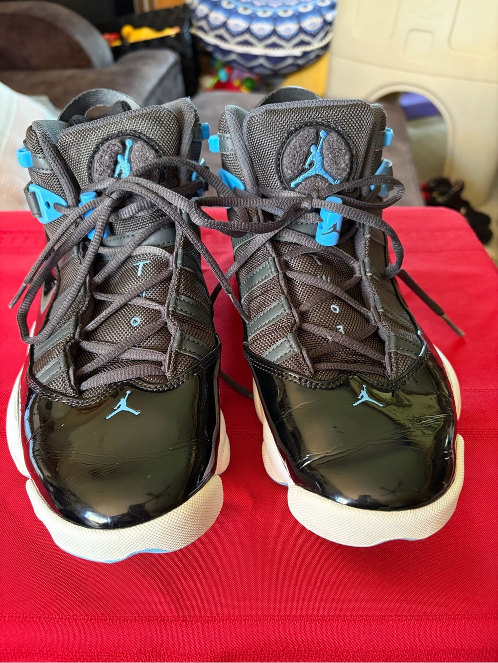 Jordan Kids High-Top Sneakers in Black and Gray with Blue Accents